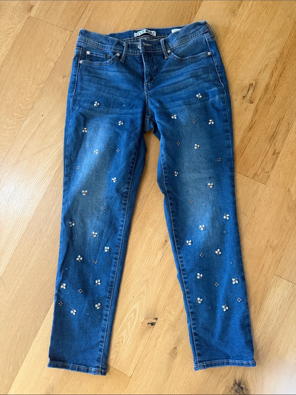 Code Bleu Blue Skinny Jeans with Crystal Flower Details